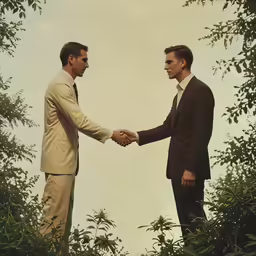 two men shaking hands in the middle of bushes