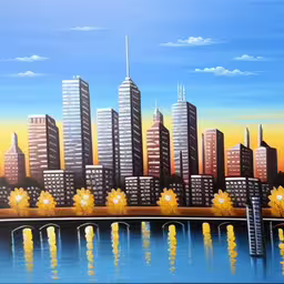 a painting of a cityscape by a lake,a city by the lake has lots of skyscrapers,a large mural of a city with a river in front,painting of a city with many tall buildings near water,there is a painting of some very tall buildings