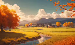 a painting of a mountain village by a river,an autumn landscape with mountains, a small stream, and a town