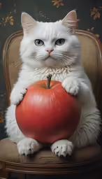 a white cat sitting on top of a brown chair with an apple in its lap