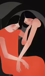 two women in red dresses embrace, one is holding the other