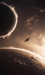 a futuristic looking spaceship flying over a large, distant planet