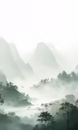 a misty river surrounded by mountains, with one boat in the foreground