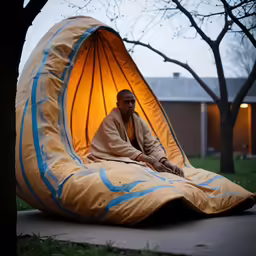 man sitting on an inflatable tent in front of a tree