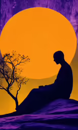 a man sits near a tree on the roof while the sun goes down