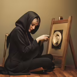 a woman in a nun outfit sits next to an easel and has a ring in her finger