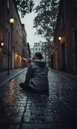 man in hooded jacket sitting on street with lanterns and buildings in the background