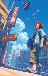 a person walking down a city street holding onto a blue backpack