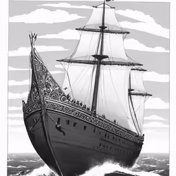 a ship floating on top of the ocean with sails