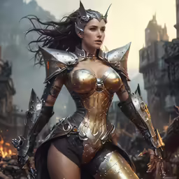 a beautiful young woman dressed in armor is standing near fire
