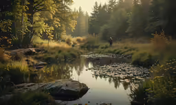 a man in the distance walking into a forest