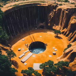a giant hot spring on top of a dirt mountain
