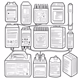 several electronic devices and the parts needed for them,the drawing of a drawing of several bottles