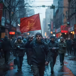a man in the rain holding a red flag