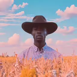man standing in an open wheat field wearing a hat