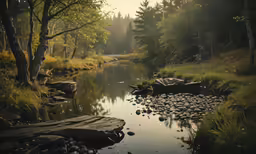 a river surrounded by trees in a forest
