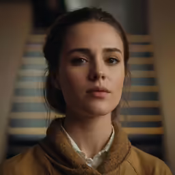 an attractive woman in brown jacket looking off into the distance
