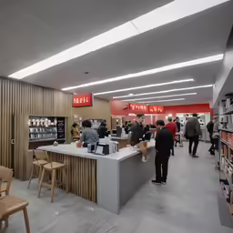 an empty book store is filled with people