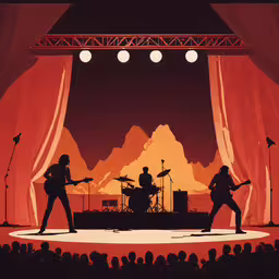 three guitarists playing on stage with an audience,a concert scene of two male musicians in a stage