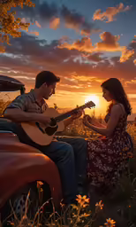 a woman playing a guitar while standing next to a man
