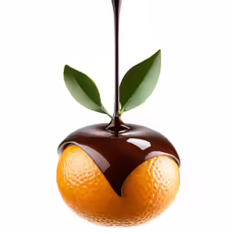 an orange with chocolate, and green leaves on top