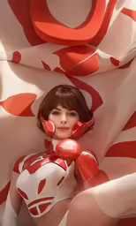 a woman in costume is holding a red ball in her hands