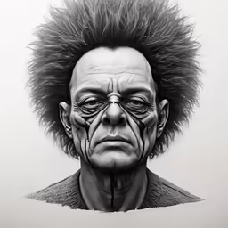 a drawing of an older man with mohawk hair