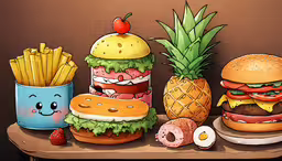 a number of different burgers with fruit and vegetables,an image of food on the table with pineapple