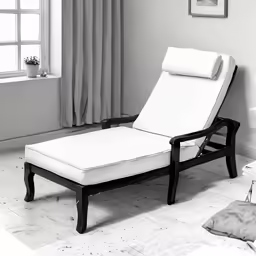 an empty chaise lounge chair in a bedroom