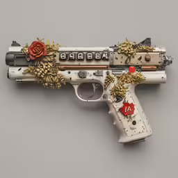 an intricately decorated gun is on display