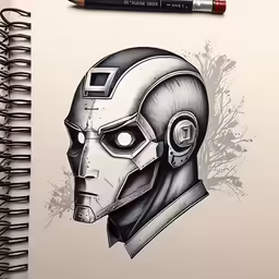 a pencil drawing of a robot with headphones on