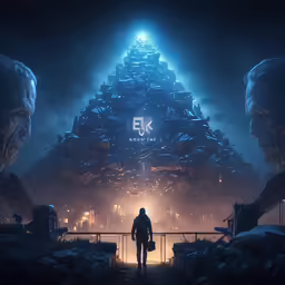 a person walking towards some giant structures in the night