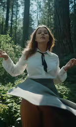 a woman with a tie is in a forest