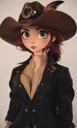 a woman in brown hat wearing a black suit