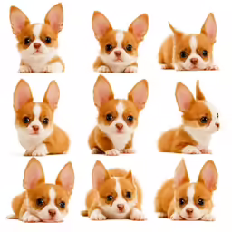 a small puppy with several different expressions sitting down