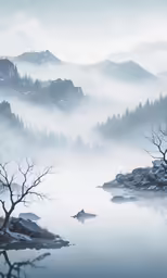 foggy forest in winter and still have its reflection in the water