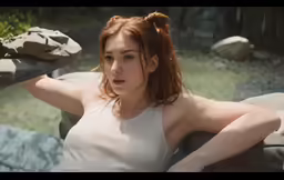 the woman has red hair and is standing in front of rocks