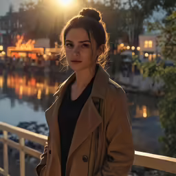 a woman standing in front of a body of water at sunset