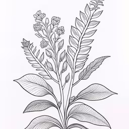 a drawing of a plant with small flowers,a drawing of a leafy plant,a picture of a plant with leaves and stems drawn in a line,the plant is shown in black and white,a drawing of an ornamental plant with many flowers