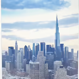 a view of buildings with an airplane flying in the air
