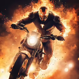 the avengers movie poster with the motor bike in the middle of a fire