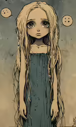 a drawing of a little girl in a blue dress