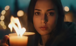 woman lighting up a small lit candle at night