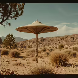 a table and umbrella in the middle of desert
