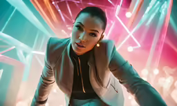 a girl in a scifit outfit is holding the arm of an alien machine