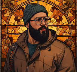 man in hat, jacket and glasses with stained glass window in background,there is a man wearing a hat and glasses