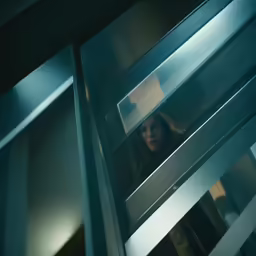 a person with a serious look looking in an elevator