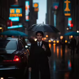 woman in a black trench coat with a dark umbrella