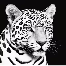 black and white image of a jaguar in front of a black background