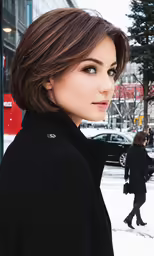a woman is standing in the snow next to a building
